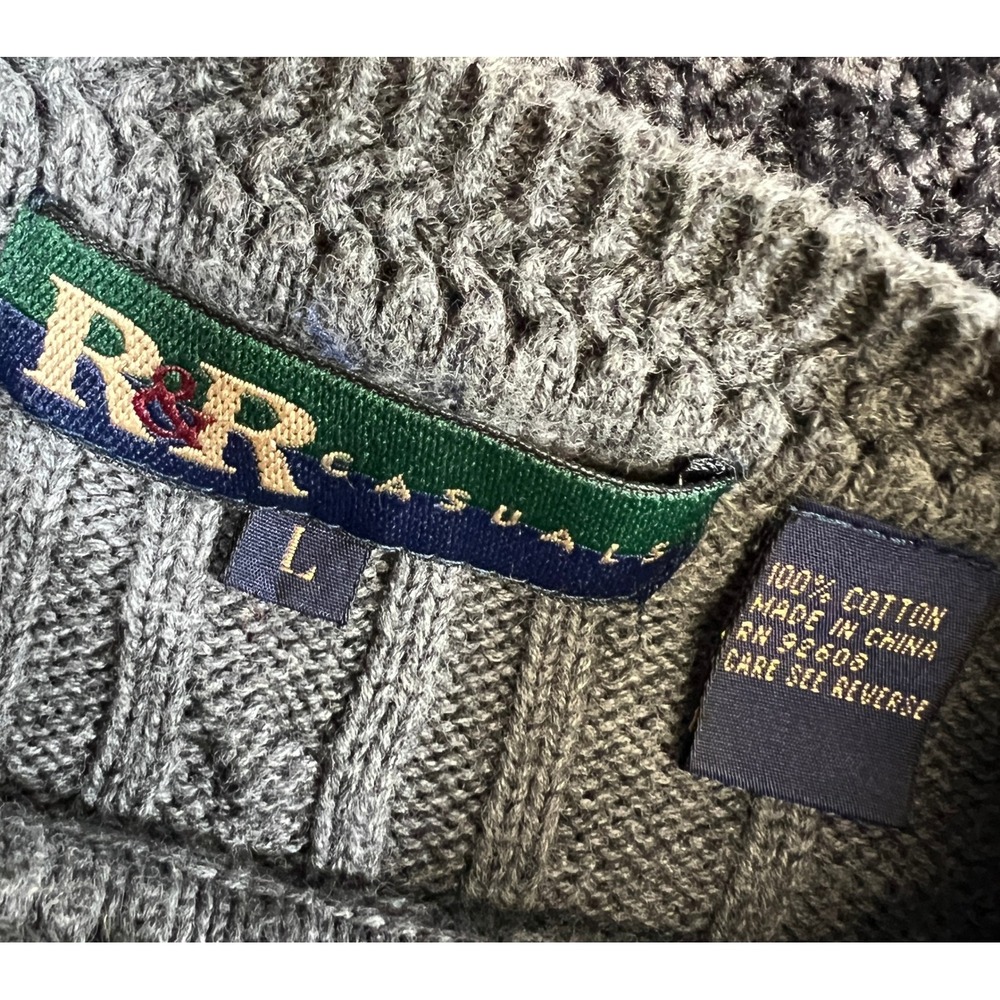 Vintage R&R Casuals Men's Gray Cable Knit Cotton Sweater Crewneck Pullover - Picture 3 of 6